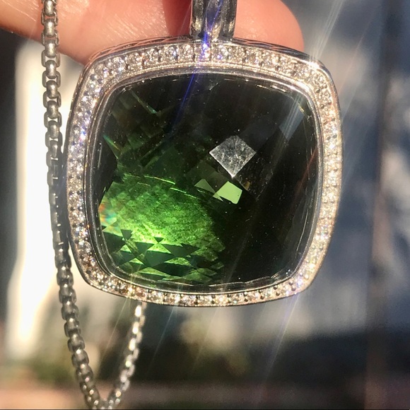 David Yurman 925 Silver Albion 20mm Prasiolite & Diamond Pendant With Chain - Picture 14 of 14
